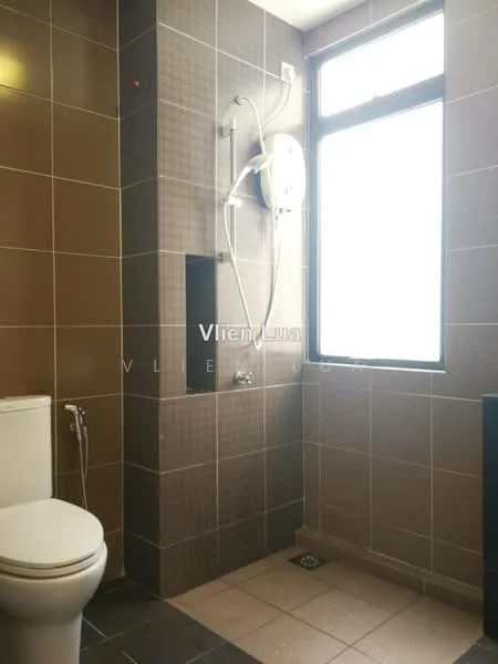 Bathroom features: one-piece toilet, shower with handheld showerhead, wall-mounted water heater, grey tiled walls, dark tiled flooring, window for natural light, chrome faucet, glass shower partition; style: modern.