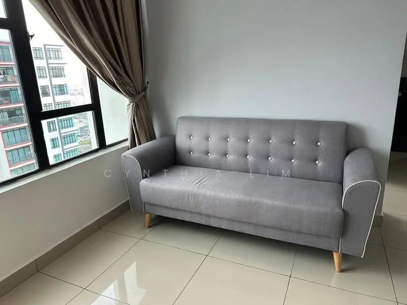 Living features: grey fabric sofa with button tufting, floor-to-ceiling windows, natural light, white painted walls, cream tiled flooring, curtains in neutral color, wooden legs on sofa, minimalist decor; style: modern; view: city.