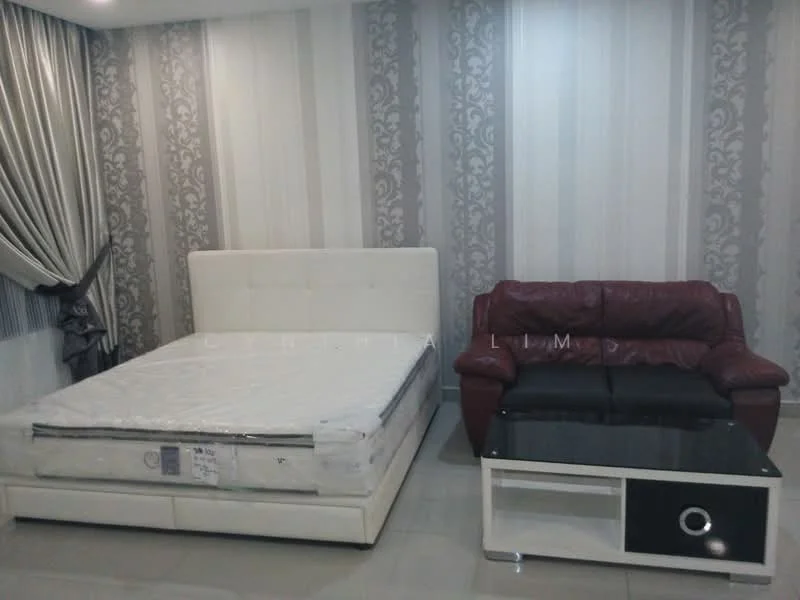 Bedroom features: king-size bed with upholstered headboard, white bed frame, mattress with protective cover, red leather sofa, black coffee table with circular design, grey and white striped wallpaper, curtains with tiebacks, glossy tile flooring, recessed ceiling lights; style: modern.