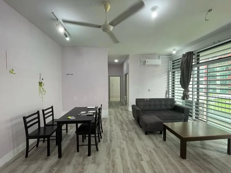 Living features: grey fabric sofa, 3-seater sofa, wood coffee table, black dining table for 4, 4 black dining chairs, ceiling fan, wall-mounted air conditioning unit, large windows with horizontal blinds, light grey painted walls, laminate flooring, decorative wall art, recessed lighting; style: modern; view: garden.