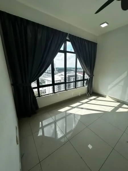 Room features: white painted walls, glossy tile flooring, floor-to-ceiling windows, blackout curtains, ceiling fan, natural light, city view, corner room; style: modern; view: city.