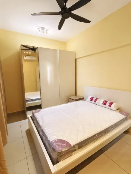 Bedroom features: queen-size bed with mattress protector, upholstered headboard, 2 bedside tables, built-in wardrobe with mirrored doors, ceiling fan, wall-mounted air conditioning unit, cream painted walls, tile flooring, decorative pillows with red accents, recessed ceiling lights; style: modern.