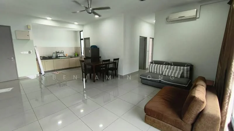Living features: 3-seater fabric sofa in brown, coffee table, wall-mounted TV, ceiling fan, tile flooring, large windows with curtains, air conditioning unit, decorative wall art; style: modern. Dining features: 6-seater dining table, wooden dining chairs, tile flooring, open layout to kitchen, light fixture above table; style: modern. Kitchen features: kitchen cabinets, stainless-steel sink, built-in stove, microwave, tile backsplash, countertop space, refrigerator, open layout to dining area; style: modern.