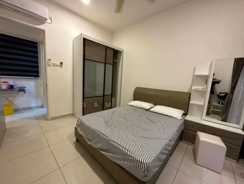 Bedroom features: queen-size bed with striped bedding, upholstered headboard, built-in wardrobe with sliding doors, nightstand with drawer, full-length mirror, wall-mounted air conditioning unit, tile flooring, white painted walls, ceiling fan, window with black roller blinds; style: modern.