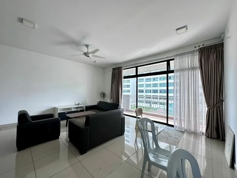 Living features: 3-seater fabric sofa in black, 2-seater fabric sofa in black, coffee table, TV console, wall-mounted TV, floor-to-ceiling windows, sliding glass door, sheer curtains, recessed downlights, ceiling fan, white painted walls, glossy tile flooring, area rug with geometric pattern; style: modern; view: city.