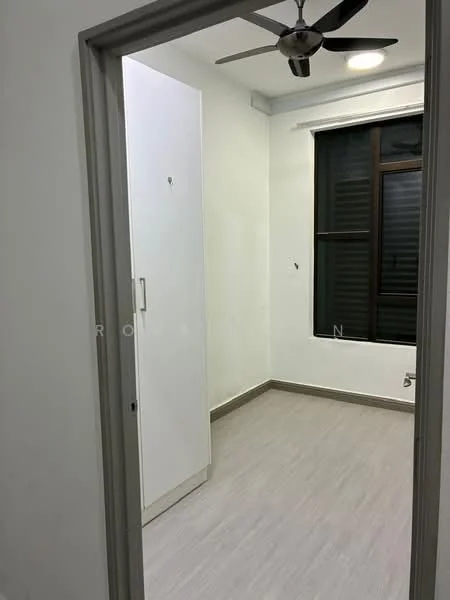 Room features: light grey laminate flooring, white painted walls, ceiling fan, large window with black frames, built-in wardrobe with white doors, recessed ceiling lights; style: modern.