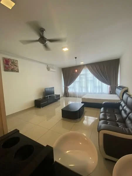 Living features: 3-seater leather sofa in black and white, coffee table, TV console, wall-mounted TV, ceiling fan, recessed downlights, floor-to-ceiling windows, sheer curtains, cream painted walls, glossy tile flooring, decorative artwork on wall; style: modern.