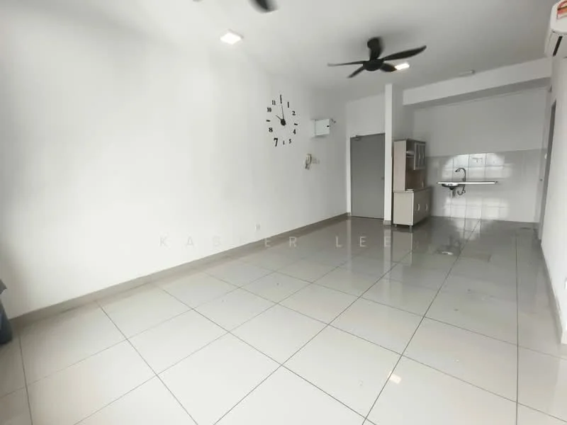Living features: white painted walls, glossy ceramic tile flooring, 5-blade ceiling fan with light, wall clock, open layout to kitchen, large windows for natural light, air conditioning unit, neutral color scheme; style: modern. Kitchen features: kitchen cabinetry, countertop, sink, stainless-steel appliances, tile backsplash; style: modern.