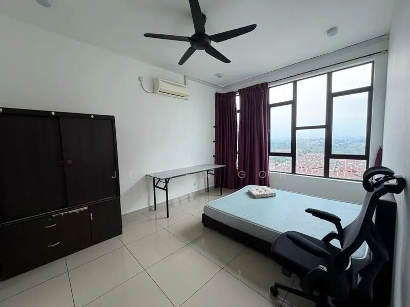 Bedroom features: white painted walls, tile flooring, 5-blade ceiling fan, floor-to-ceiling windows, purple curtains, single bed mattress, black wooden wardrobe, folding table, office chair; style: modern; view: city.