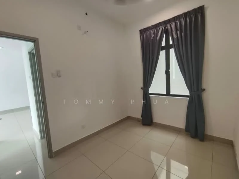 Room features: white painted walls, grey tiled flooring, single window with black frame, grey curtains, ceiling fan, light fixture, corner of room, minimalist decor; style: modern.