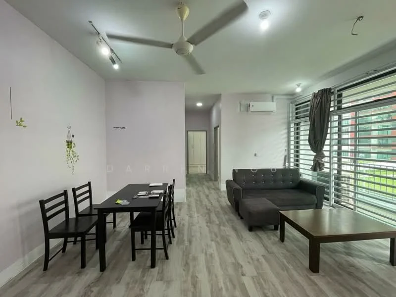 Living features: grey fabric sofa, coffee table, 3-blade ceiling fan, wall-mounted split AC, floor-to-ceiling windows, roller blinds, light wood laminate flooring, decorative wall art, area rug; style: modern; view: garden. Dining features: 4-seater dining table, black wooden chairs, light wood laminate flooring; style: modern.
