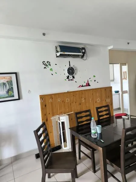Dining features: dark wooden dining table, 4 wooden dining chairs, wall-mounted air conditioning unit, decorative wall clock, wood paneling on lower wall, white painted walls, tile flooring, framed artwork on wall, bottle of water on table, fan heater on floor; style: modern.