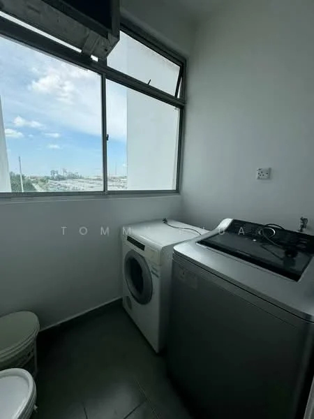 Laundry features: front-load washing machine, top-load washing machine, window with city view, grey tile flooring, white walls, light from window, two white laundry baskets, plumbing connections visible; view: city.