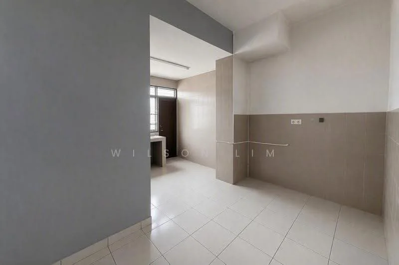 Room features: grey painted wall, beige tiled walls, white tiled flooring, window with natural light, wall-mounted grab bars, plain ceiling, no visible appliances or furniture; style: modern.