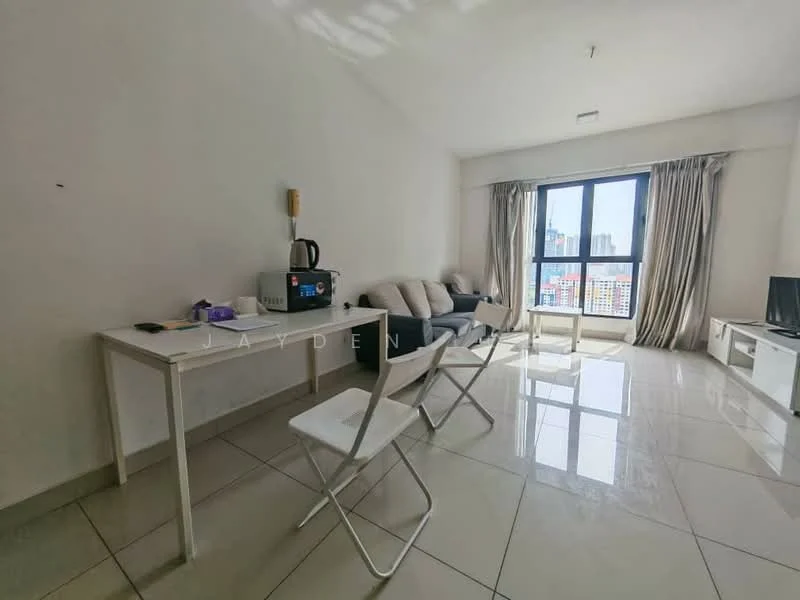 Living features: white painted walls, glossy tile flooring, floor-to-ceiling windows, curtains, sofa in light color, coffee table, TV console, microwave, kettle, dining table with chairs; style: modern; view: city.
