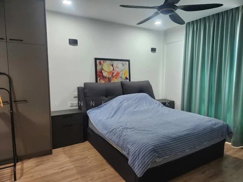 Bedroom features: king-size bed with grey upholstered headboard, blue striped bedding, wooden flooring, green curtains, 2 wall-mounted sconces, built-in wardrobe with grey finish, nightstand with drawer, ceiling fan with 5 blades; style: modern.