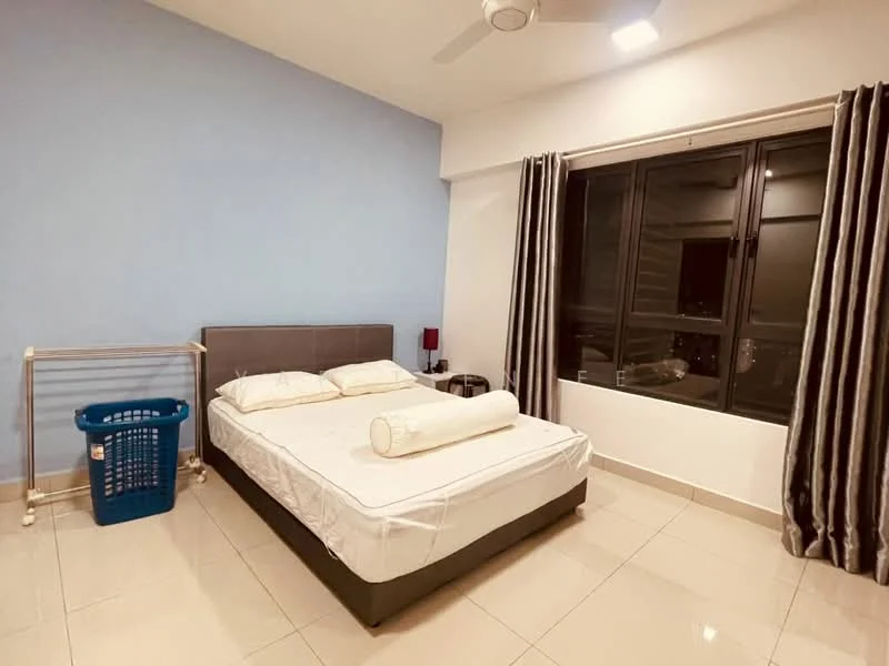 Bedroom features: queen-size bed with grey upholstered headboard, white bedding, 2 bedside tables, table lamp on bedside table, floor-to-ceiling windows, blackout curtains, light grey painted walls, white tiled flooring, ceiling fan with light, laundry basket, clothes rack; style: modern.