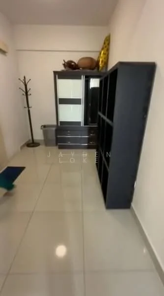 Room features: white painted walls, glossy tile flooring, black storage cabinet, black shelving unit, coat rack, waste bin, decorative items on top of cabinet; style: modern.