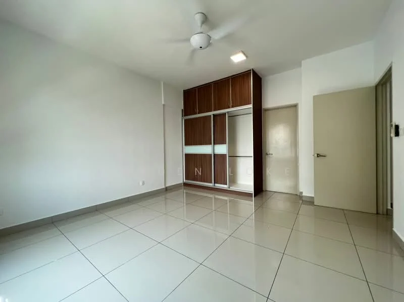 Bedroom features: white painted walls, glossy ceramic tile flooring, 5-blade ceiling fan with light, built-in wardrobe with sliding doors, single door, large window, neutral color scheme, recessed ceiling light; style: modern.