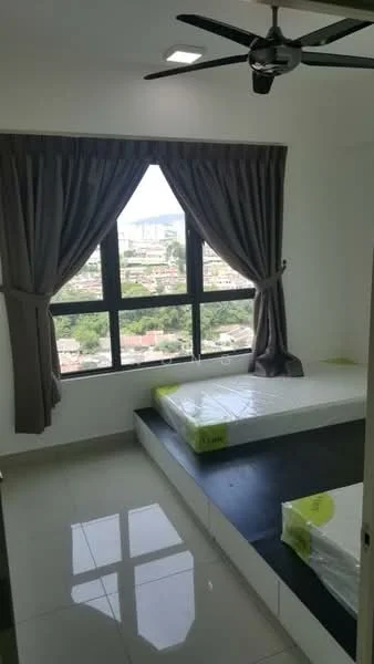 Bedroom features: floor-to-ceiling windows, grey curtains, white painted walls, polished ceramic tile flooring, ceiling fan, bed platform, unmade bed with mattress, city view; style: modern; view: city.