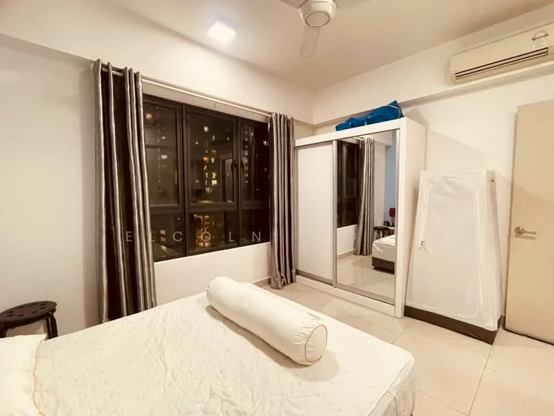 Bedroom features: queen-size bed, upholstered headboard, white bedding, floor-to-ceiling windows, blackout curtains, built-in wardrobe with sliding doors, ceiling fan, wall-mounted air conditioning unit, light-colored tiled flooring, decorative throw pillow, small black stool; style: modern; view: city.