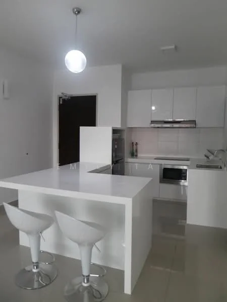 Kitchen features: white cabinetry, stainless-steel built-in oven, stainless-steel microwave, stainless-steel fridge, white quartz countertop, single-bowl stainless-steel sink, chrome pull-down faucet, ceramic tile backsplash, pendant light fixture, bar seating with two white stools, polished ceramic tile flooring, recessed downlights; style: modern.