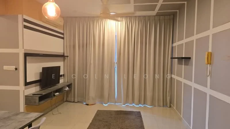 Living features: grey painted walls, white painted walls with geometric pattern, cream floor tiles, 5-blade ceiling fan, hanging pendant light, TV console, wall-mounted TV, curtains, area rug, decorative shelf; style: modern.