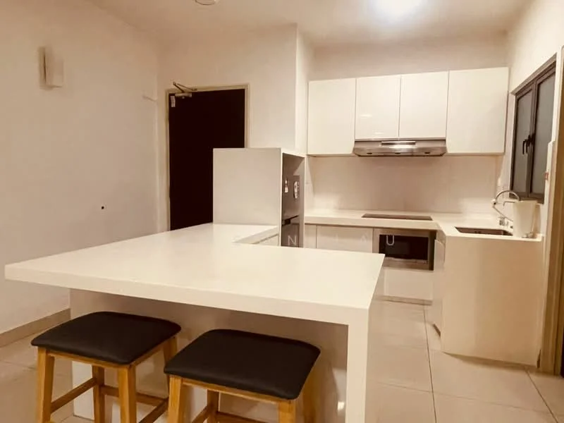 Kitchen features: white cabinetry, white countertop, stainless-steel sink, chrome pull-down faucet, built-in oven, stainless-steel range hood, 4-burner gas hob, tile flooring, wall-mounted cabinets, open shelving, recessed downlights, window with view to outside; style: modern.
