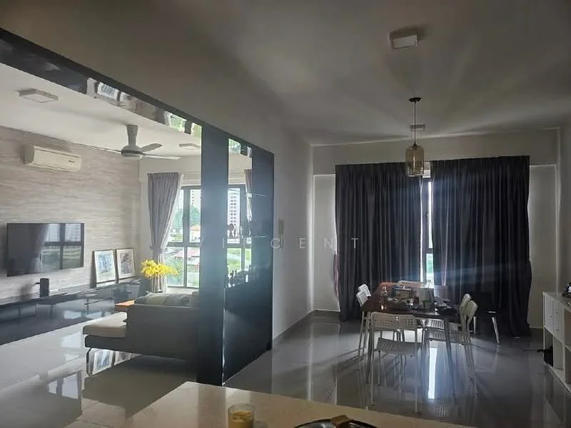 Living features: floor-to-ceiling windows, grey accent wall, wall-mounted TV, 3-seater fabric sofa in beige, coffee table, ceiling fan, recessed downlights, area rug, decorative mirror; style: modern; view: city. Dining features: 6-seater dining table, upholstered dining chairs, pendant lamp, window treatments, decorative vase; style: modern; view: city.