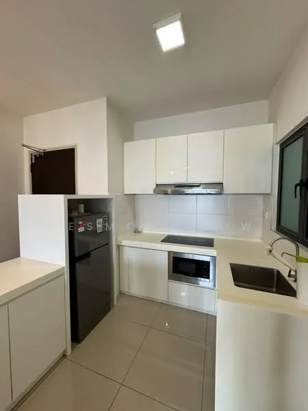 Kitchen features: white cabinetry, stainless-steel sink, chrome pull-down faucet, built-in microwave, stainless-steel range hood, ceramic tile flooring, white tiled backsplash, black refrigerator, countertop with integrated cooktop, recessed ceiling lights, window with black frame; style: modern.