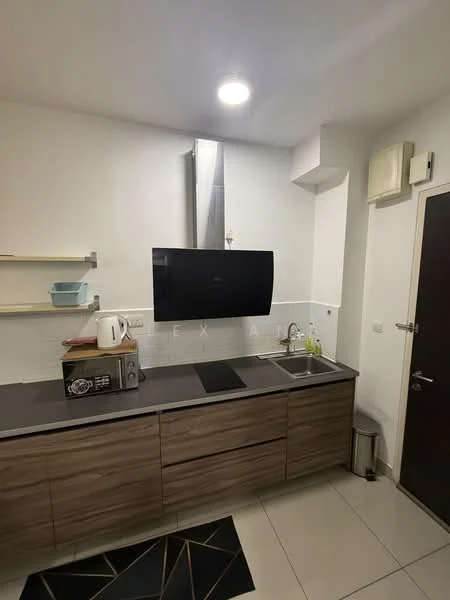 Kitchen features: wood cabinetry, black countertop, stainless-steel sink, chrome pull-down faucet, built-in oven, stainless-steel range hood, open shelving, tile backsplash, recessed downlights, floor tiles, kitchen appliances, wall-mounted TV; style: modern.