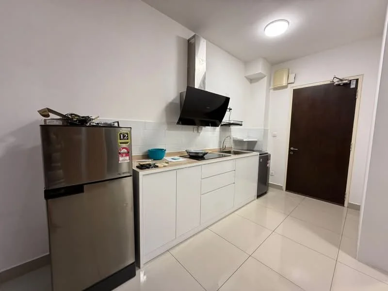 Kitchen features: white cabinetry, stainless-steel fridge, built-in oven, stainless-steel range hood, black countertop, single-bowl stainless-steel sink, chrome pull-down faucet, ceramic tile flooring, white tiled backsplash, recessed ceiling lights, wall-mounted cabinet, open shelving; style: modern.