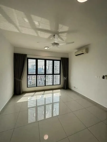Room features: white painted walls, glossy ceramic tile flooring, 5-blade ceiling fan with light, wall-mounted split AC, floor-to-ceiling windows, grey curtains, recessed downlights; style: modern; view: city.
