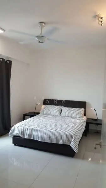 Bedroom features: king-size bed with striped bedding, 2 bedside tables, 2 bedside lamps, ceiling fan, white painted walls, glossy tile flooring, black headboard, curtains on window; style: modern.