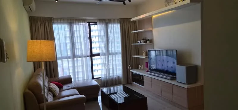 Living features: 3-seater fabric sofa in beige, coffee table with glass top, wall-mounted TV, TV console with storage, floor-to-ceiling windows, sheer curtains, recessed downlights, ceiling fan, decorative wall shelf, light fixture, cream painted walls, tile flooring; style: modern; view: city.