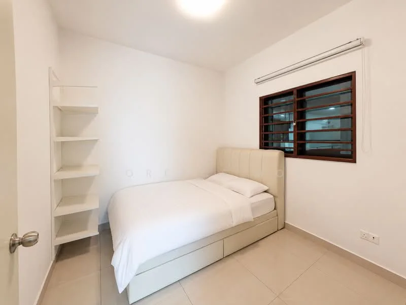 Bedroom features: queen-size bed with upholstered headboard, white bedding, built-in wardrobe, floating shelf unit, white painted walls, tile flooring, window with horizontal slats, ceiling light fixture; style: modern.