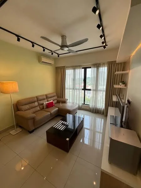 Living features: 3-seater leather sofa in beige, armchair in beige, coffee table with black glass top, floor lamp with white shade, ceiling fan with light, wall-mounted TV, built-in shelving unit, curtains with sheer fabric, sliding glass door, tile flooring in cream, air conditioning unit, decorative throw pillow in red, recessed lighting; style: modern; view: city.