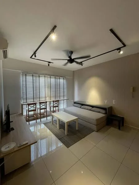 Living features: 3-seater fabric sofa in grey, coffee table, TV console, wall-mounted TV, area rug, 5-blade ceiling fan with light, recessed LED downlights, floor-to-ceiling windows with blinds, white painted walls, glossy tile flooring, decorative wall paneling; style: modern.