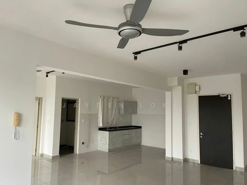 Living features: grey tiled flooring, white painted walls, 5-blade ceiling fan with light, track lighting, open layout, kitchen area visible, sliding door to utility area, wall-mounted intercom, black countertop, kitchen cabinetry; style: modern.