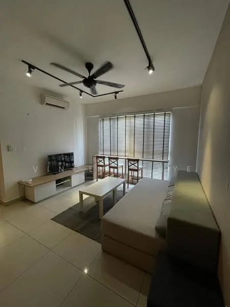 Living features: 3-seater fabric sofa in beige, coffee table, TV console, wall-mounted TV, area rug, ceiling fan with light, 1 wall-mounted split AC, floor-to-ceiling windows, blinds on windows, light-colored walls, tile flooring, decorative wall art; style: modern.