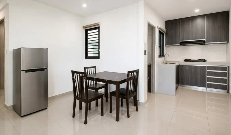 Kitchen features: stainless-steel fridge, 4-seater dining table, wooden dining chairs, white cabinets, grey countertop, built-in gas hob, kitchen sink, wall-mounted kitchen cabinets, tile backsplash, recessed downlights, cream tiled flooring, window with horizontal slats; style: modern.