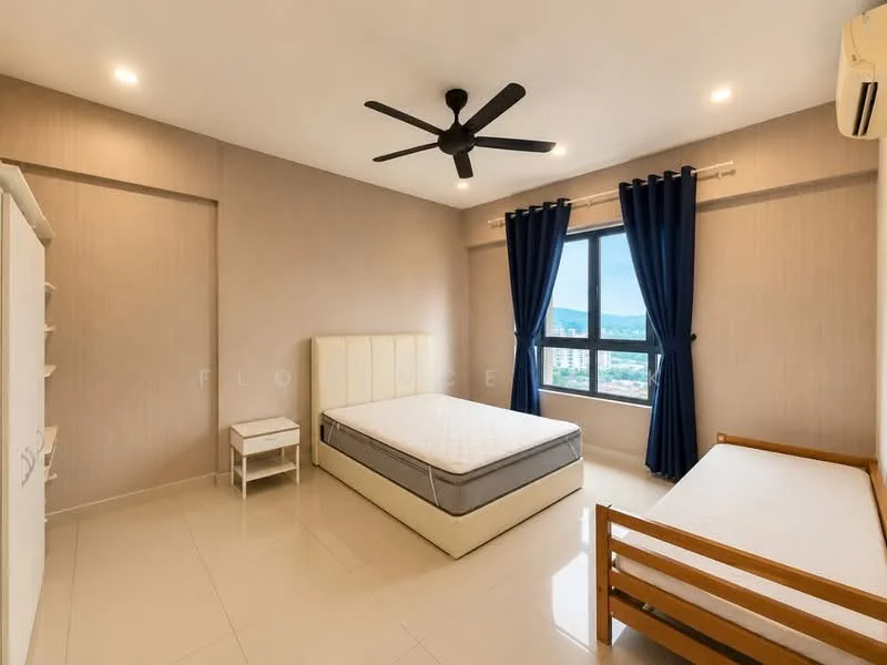 Bedroom features: queen-size bed, upholstered headboard, single bed frame, white bedside table, ceiling fan with light, floor-to-ceiling window, blue curtains, light-colored walls, glossy tile flooring, air conditioning unit; style: modern; view: city.