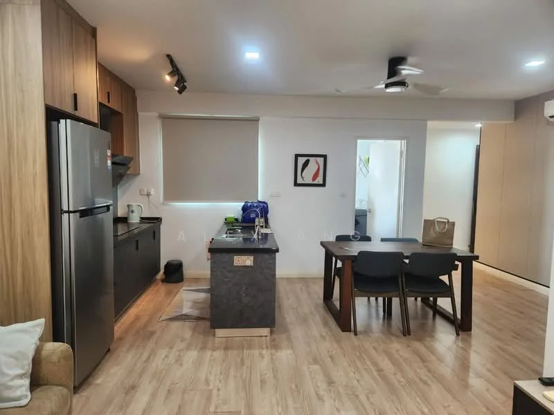 Kitchen features: stainless-steel fridge, built-in oven, 4-burner gas hob, black countertop, kitchen island with seating, wood cabinetry, grey tile backsplash, recessed downlights, ceiling fan, open shelving, dining table with 4 chairs, laminate flooring; style: modern. Living features: sofa, coffee table, wall-mounted TV, area rug; style: modern.