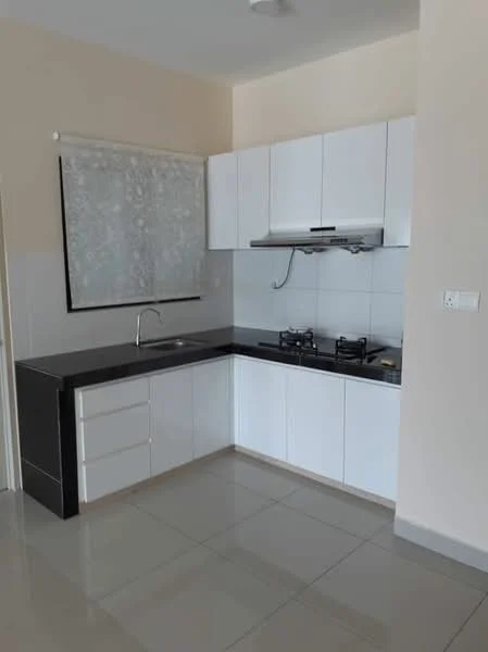 Kitchen features: white cabinetry, black countertop, stainless-steel sink, chrome pull-down faucet, 2-burner gas hob, built-in range hood, tile backsplash, grey ceramic tile flooring, window with sheer curtains; style: modern.