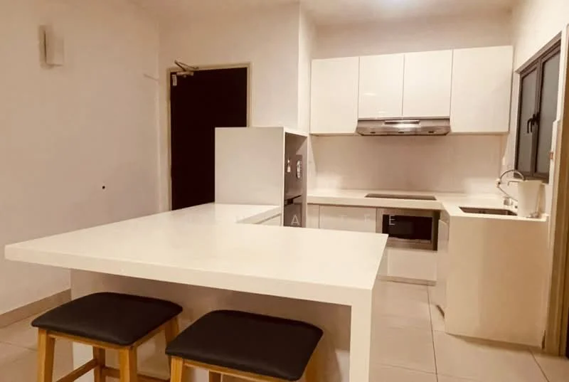 Kitchen features: white cabinetry, white countertop, stainless-steel sink, chrome pull-down faucet, built-in oven, stainless-steel range hood, ceramic tile flooring, recessed downlights, kitchen island with seating, microwave, sliding window, neutral wall color; style: modern.