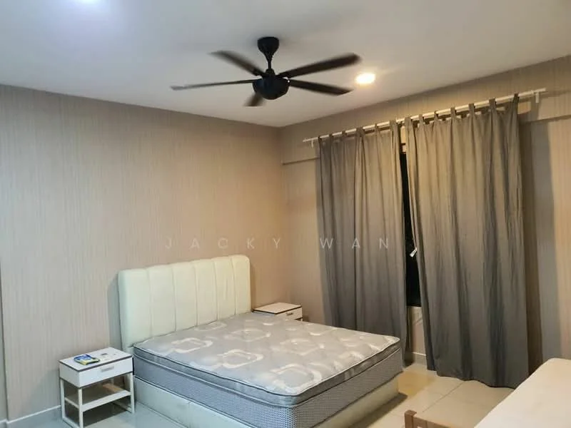 Bedroom features: queen-size bed, upholstered headboard, 2 bedside tables, ceiling fan, grey curtains, light-colored walls with vertical stripes, tile flooring, window with view, decorative wall art; style: modern.