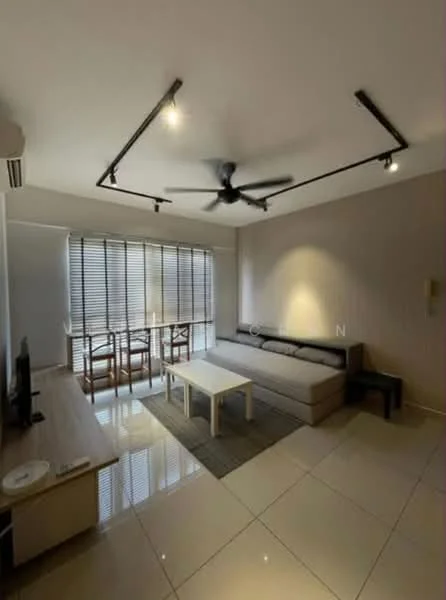 Living features: 3-seater fabric sofa in grey, coffee table, TV console, wall-mounted TV, area rug, 5-blade ceiling fan with light, recessed LED downlights, floor-to-ceiling windows with sheer curtains, white painted walls, glossy tile flooring; style: modern.