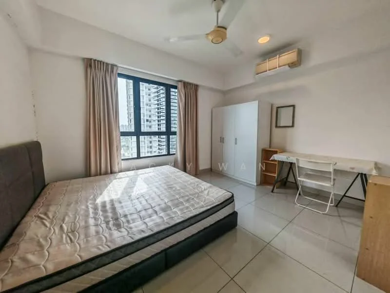 Bedroom features: queen-size bed, upholstered headboard, floor-to-ceiling window, curtains, ceiling fan, recessed lighting, white painted walls, tile flooring, built-in wardrobe, study desk, wooden side table, mirror on wall; style: modern; view: city.