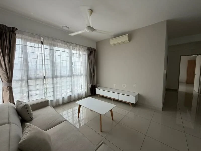 Living features: 3-seater fabric sofa in light grey, white coffee table, TV console in white, floor-to-ceiling windows, sheer curtains, recessed downlights, ceiling fan, wall-mounted air conditioning unit, glossy ceramic tile flooring, neutral painted walls; style: modern.