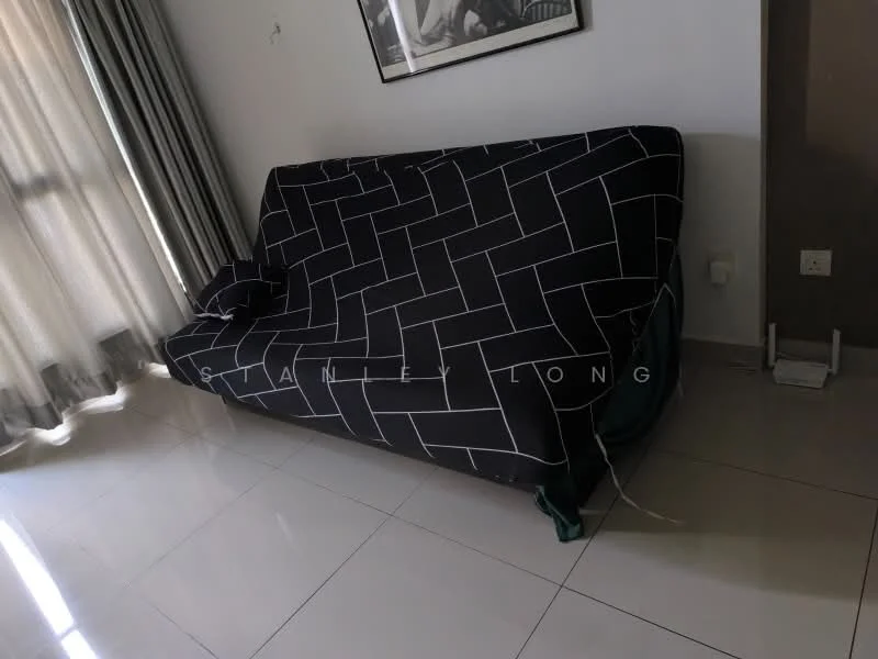 Living features: black and white patterned sofa cover, sofa, large window with sheer curtains, grey wall, glossy tile flooring, decorative wall art, light-colored walls, floor-to-ceiling curtains; style: modern.